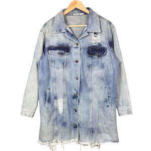 Noble U Denim Shacket‎ Womens Distressed Longline Frayed Pockets XL* Grunge Y2K